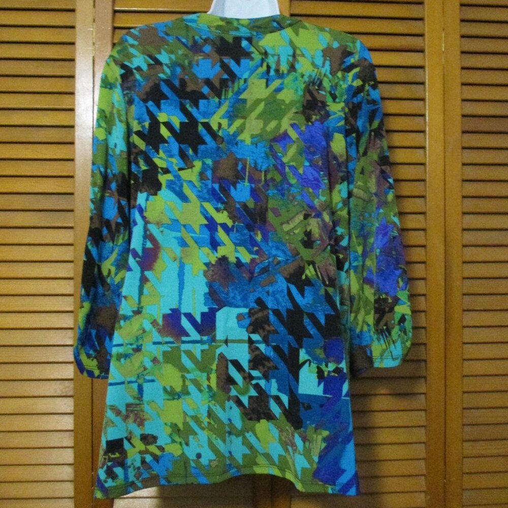 Kim Rogers top bold blues & greens, soft & stretchy button down casual size L - Picture 7 of 7